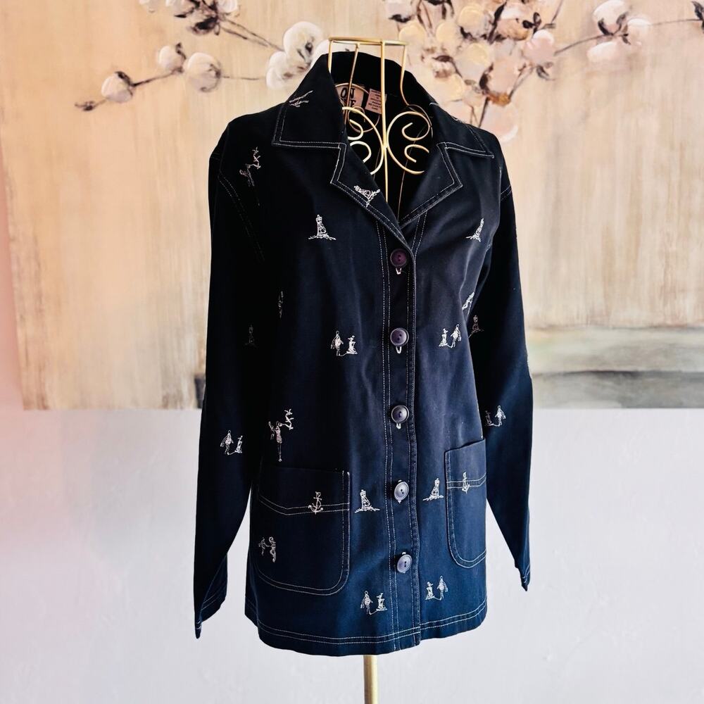 On Que Embroidered Cotton Jacket Women M Hong Kong Y2K Chore Blazer